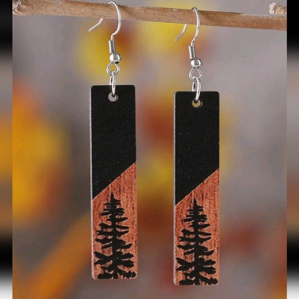 Geometric Pine Tree Wooden Dangle Earrings